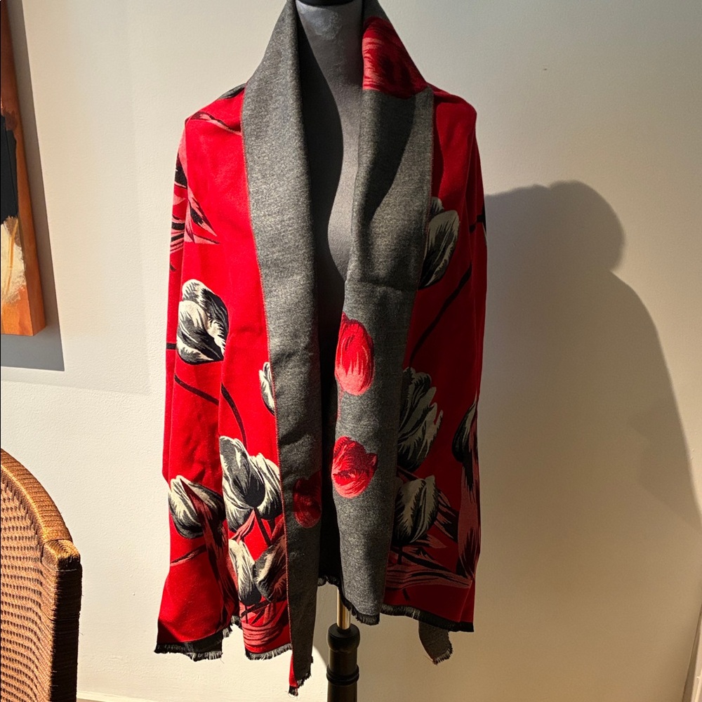 NWOT Floral Gray, Black & Red Wrap/Scarf - Picture 1 of 5